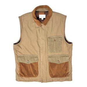 Sun+Stone Corduroy and Khaki Canvas Brown Tan Utility Vest Plaid Lined Men’s XL
